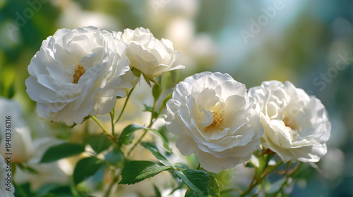 Beautiful white roses blooming gracefully in natural sunlight.