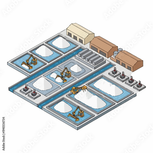 Isometric view of a salt production facility with multiple evaporation ponds and processing buildings.