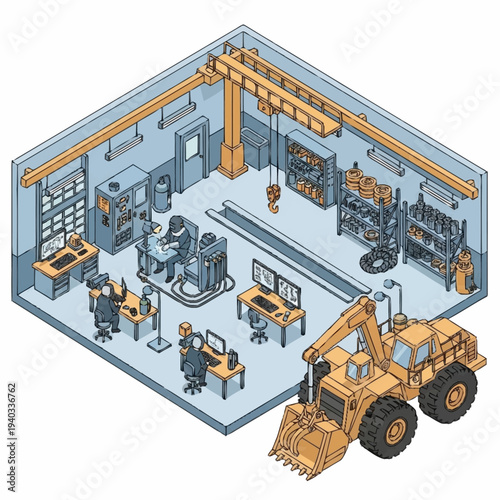 Isometric view of a modern industrial workshop with heavy machinery and workers.