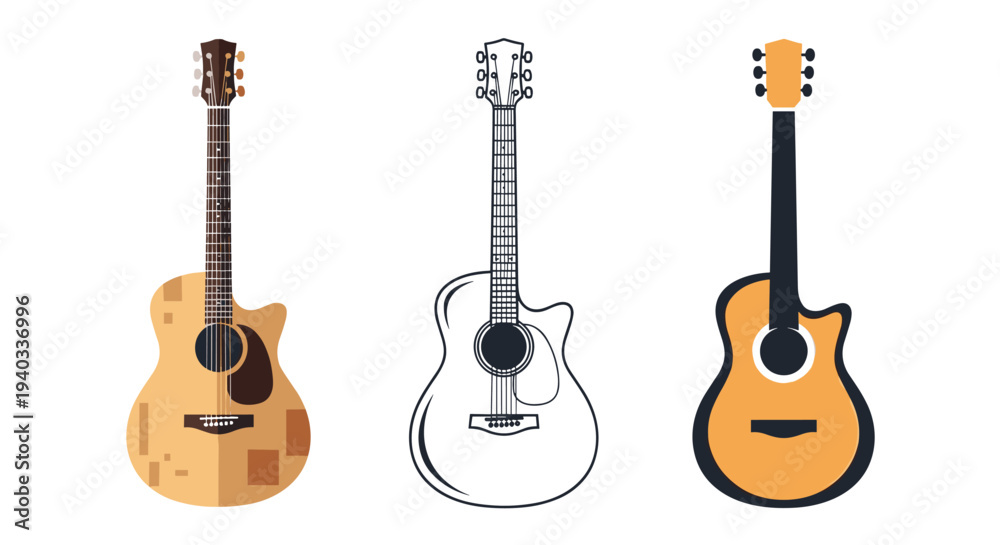 Obraz premium Three different styles of acoustic guitars displayed side by side on a white background