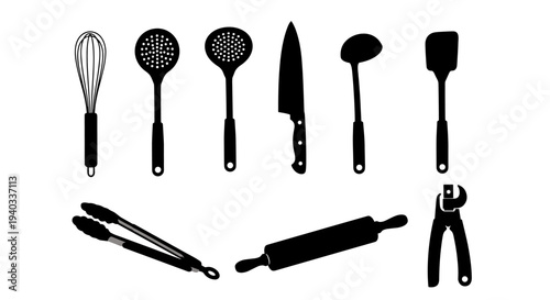 Collection of black kitchen utensils and cooking tools arranged on a white background