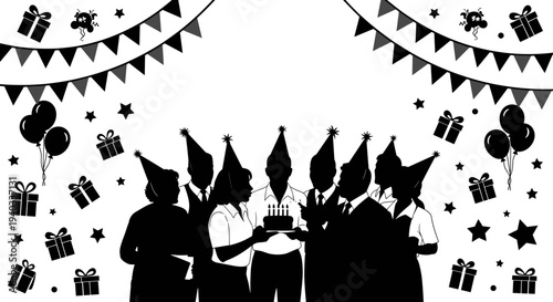 Diverse group of people celebrating a birthday with cake, balloons, and gifts