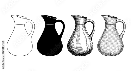 Collection of four different artistic renderings of a pitcher, including line art and shading
