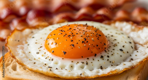 fried egg on a plate, Extreme close-up macro photo of a sunny side up fried egg on a slice of toasted white bread with crispy bacon in the background, bright orange egg yolk with cracked glossy surfac