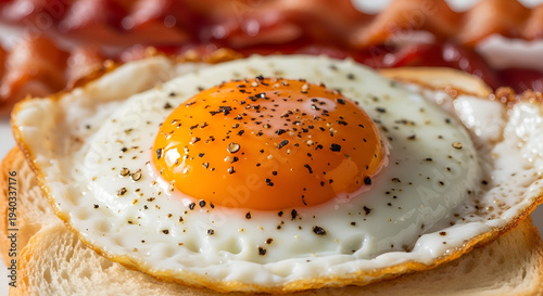 fried egg on a plate, Extreme close-up macro photo of a sunny side up fried egg on a slice of toasted white bread with crispy bacon in the background, bright orange egg yolk with cracked glossy surfac