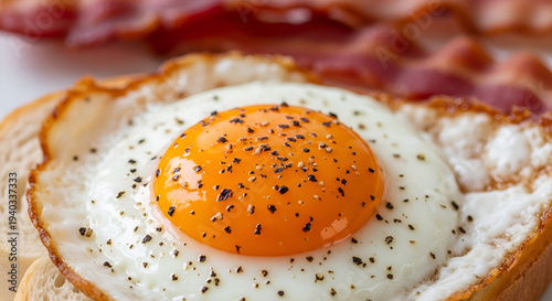 fried egg on a plate, Extreme close-up macro photo of a sunny side up fried egg on a slice of toasted white bread with crispy bacon in the background, bright orange egg yolk with cracked glossy surfac