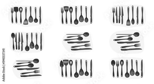 Collection of kitchen utensils and cutlery arranged in groups on a white background