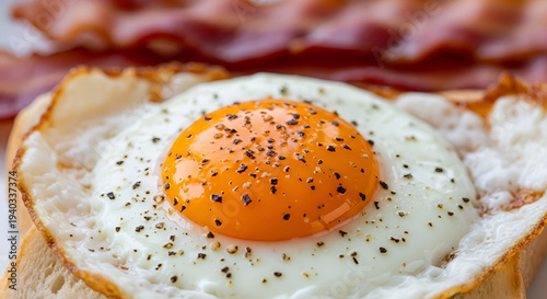 fried egg on a plate, Extreme close-up macro photo of a sunny side up fried egg on a slice of toasted white bread with crispy bacon in the background, bright orange egg yolk with cracked glossy surfac