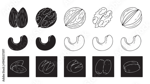 Assorted nut illustrations in various styles and line art on white and black backgrounds for graphic design