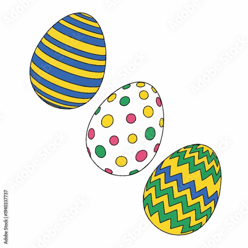 Three colorful decorated Easter eggs with various patterns.