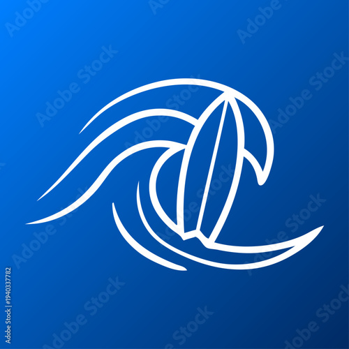 Vacaciones en la playa. Logo club de surf. Dibujo con líneas de una tabla de surf con olas de mar en fondo azul degradado 