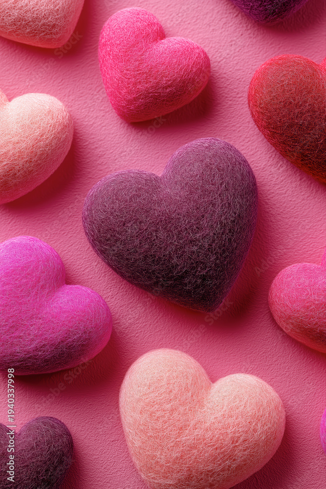Obraz premium Close Up Of Handcrafted Wool Felt Hearts In Magenta Purple And Pink Tones