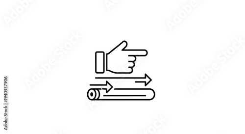 Hand pointing to conveyor belt with arrows indicating movement and direction