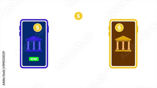 Online digital payment transfer from bank to bank animation on white background, Dollar transfer bank to bank with successful message