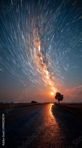 star trails streak across night sky above road