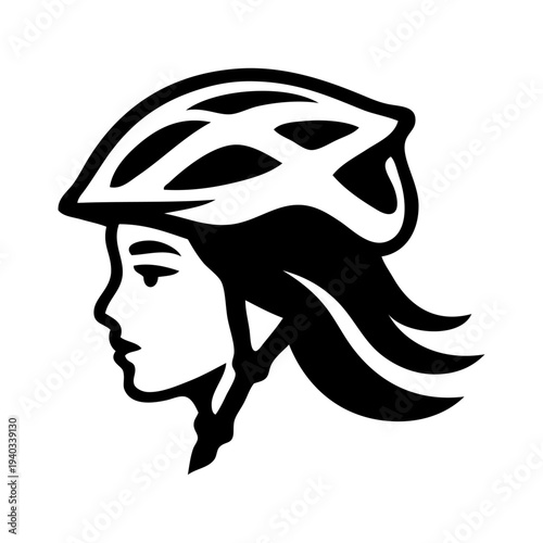 Logo club ciclista. Dibujo con líneas de la cabeza de una mujer con casco ciclista. Icono equipo de protección de ciclismo 