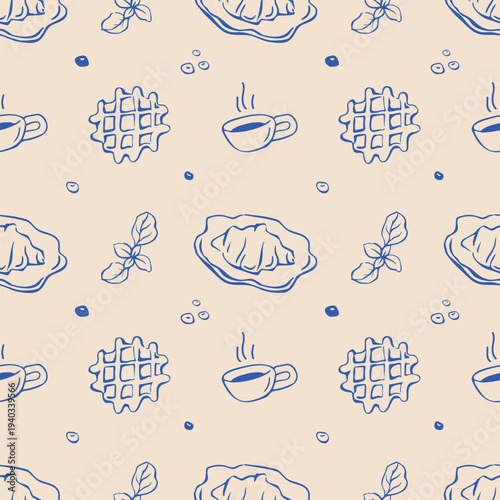 Seamless pattern with coffee, waffles and croissant. Outline print of breackfast sketches