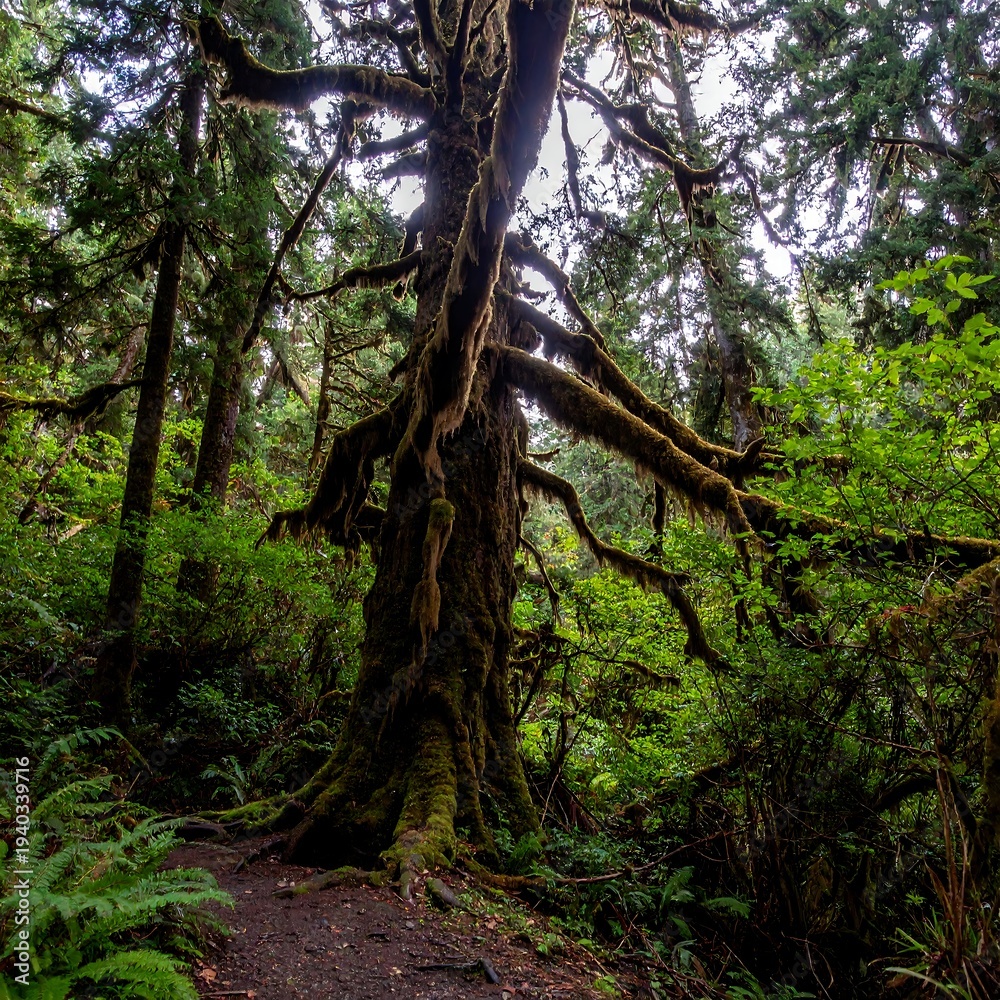 Obraz premium Enchanted Forest - A Moss-Covered Tree in a Lush Green Wilderness.