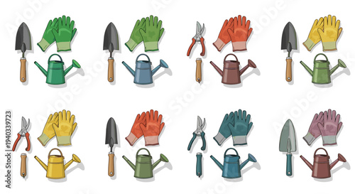 Collection of colorful gardening tools including trowels, watering cans, gloves, and pruners