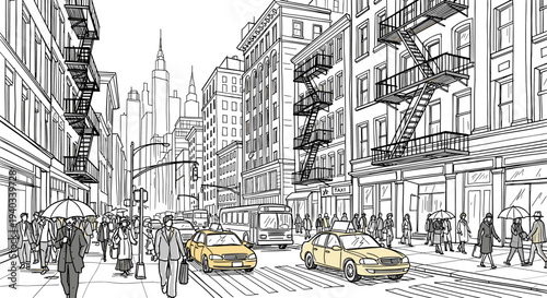 Busy New York City street scene with yellow cabs and pedestrians under umbrellas