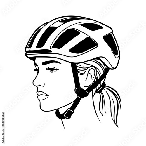 Logo club ciclista. Dibujo con líneas de la cabeza de una mujer con casco ciclista. Icono equipo de protección de ciclismo 