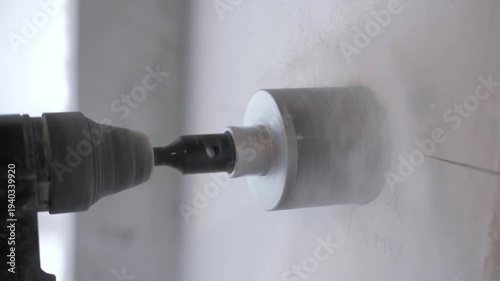 Close-up drilling of wall with circular bit for mounting electrical outlet boxes in apartment renovation.