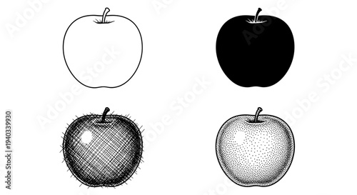 Four distinct artistic representations of an apple, including line art, silhouette, and textured drawings