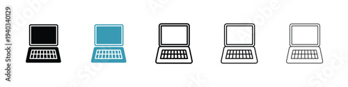 Laptop icon in line art style on white background for graphic and web design.