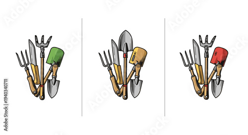 Collection of garden tools including trowels, forks, and knives with colored handles