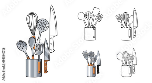 Collection of kitchen utensils and knives in a holder, presented in various artistic styles