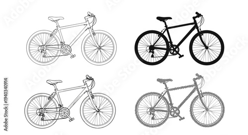 Four different artistic representations of a mountain bicycle, including line art and silhouette