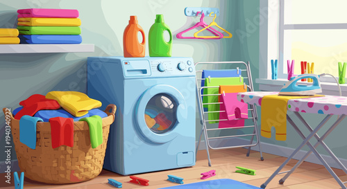 Bright and cheerful laundry room scene with washing machine, ironing board, and colorful clothes