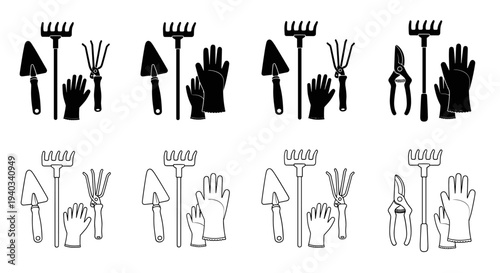 Collection of gardening tools and gloves in silhouette and outline styles