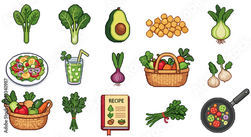 Pixel art collection of fresh vegetables, healthy food, and cooking ingredients