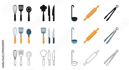 Collection of kitchen utensils and cooking tools in various styles and colors