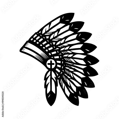 Logo tocado de guerra de jefe indio americano. Icono con tocado tradicional de plumas de guerrero indio, de perfil 