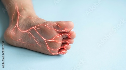 Wallpaper Mural Human foot sole displays glowing red circulatory system network illustrating peripheral neuropathy or circulation issues against a light blue background. Torontodigital.ca