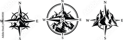 Mountain and compass rose set, black vector silhouettes of various compass designs with mountain peaks