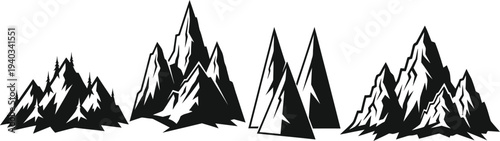 Black silhouettes of mountains, vector set of mountain peaks on transparent background