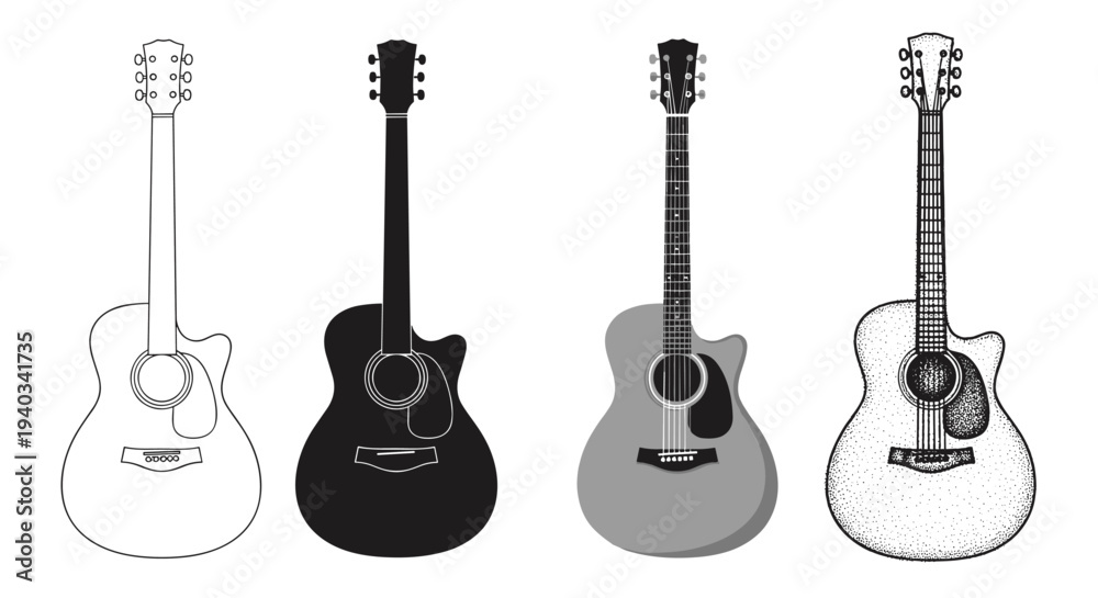 Fototapeta premium Four distinct styles of acoustic guitars displayed side by side on a white background