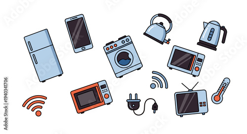 Collection of modern household appliances and smart home technology icons