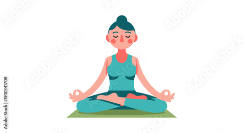 Woman in teal outfit meditating in lotus pose on a yoga mat, serene expression