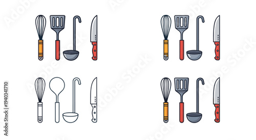 Collection of flat design kitchen utensils including whisk, spatula, ladle, and knife