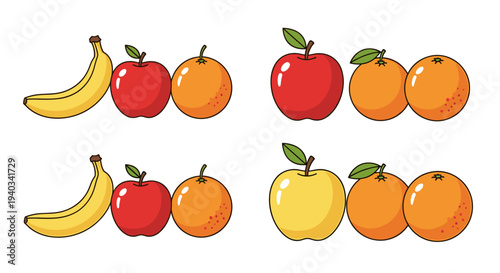 Collection of cartoon fruits including bananas, apples, and oranges arranged in rows