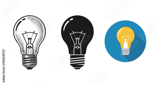 Three different styles of light bulb icons: sketch, silhouette, and flat design