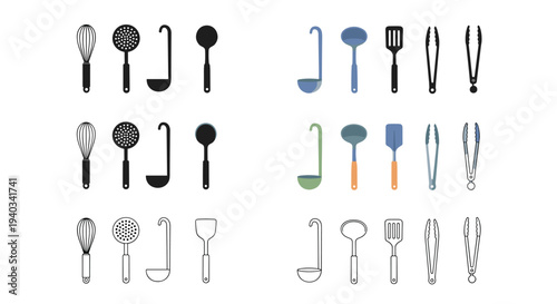 Collection of kitchen utensils including whisks, ladles, spatulas, and tongs in various styles