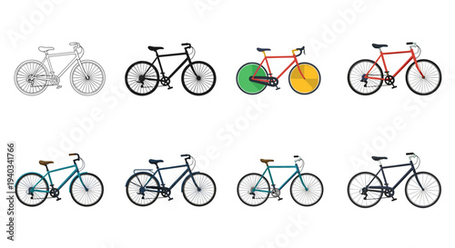 Collection of diverse bicycle illustrations in various styles and colors