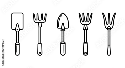 Set of five simple line art gardening tools including shovels and forks