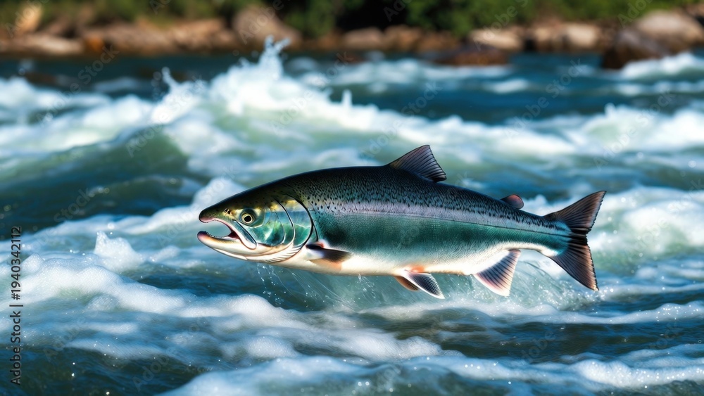 Obraz premium Salmon hovering above churning river waves near shoreline.