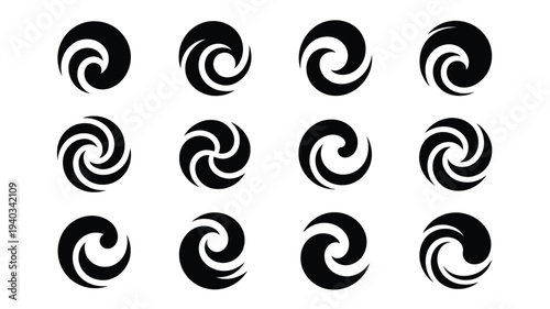 Abstract spiral wave silhouettes in black and white swirling shapes on a plain background for design and branding